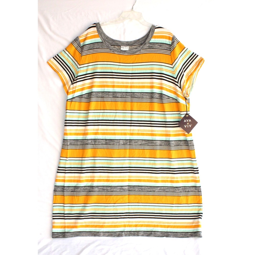 AVA & VIV Women's Striped Spring Summer Relaxed Yellow T-Shirt Dress 4X - NWT